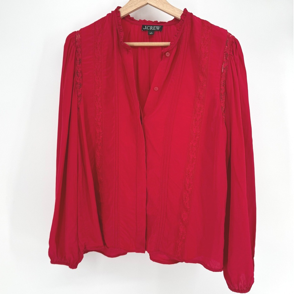 J.Crew Blouse Womens 12 Red Lace Insert Pintuck Ruffle Neck Long Sleeve Top